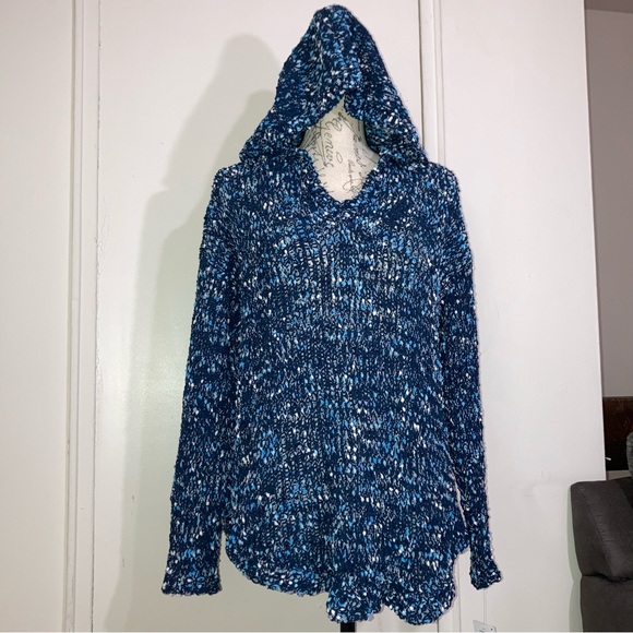 Open Knit Chunky Knit Loose Knit Blue Chenille Pullover Hoodie - Picture 1 of 16